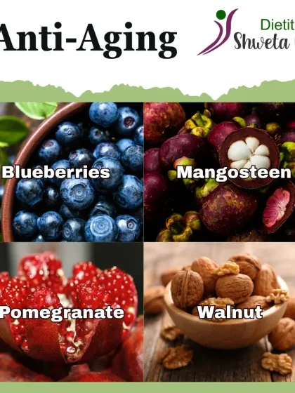 Fight aging naturally with these foods. Blueberries, mangosteen, pomegranate, and walnuts are packed with antioxidants that combat free radicals and support youthful skin.