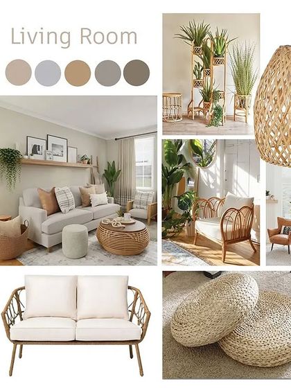 This boho living room mood board is all about creating a laid-back yet stylish space with a mix of eclectic decor, natural textures like rattan, and plenty of greenery.