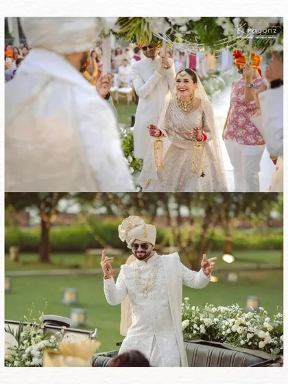 A collage capturing the joy and energy of the wedding day, from the groom's baraat entry to the bride's happy dance.
