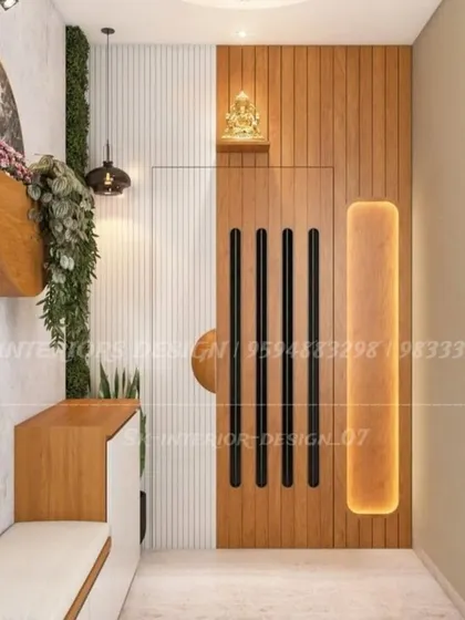 A nature-inspired foyer with a wooden door and a circular wall planter. The design includes a bench for seating and a small shelf for placing keys or decor.