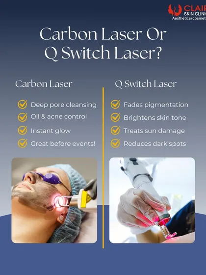 A helpful comparison between our Carbon Laser for an instant glow and our Q-Switch Laser for deeper pigmentation issues. We help you choose the right treatment based on your specific skin goals.