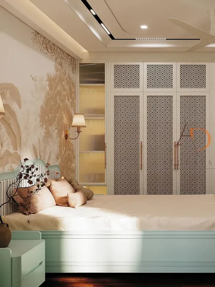 This bedroom highlights my custom wardrobe capabilities, featuring floor-to-ceiling storage with intricate geometric-patterned doors. The design is integrated seamlessly with the room's nature-inspired theme, balancing practicality with serene aesthetics.