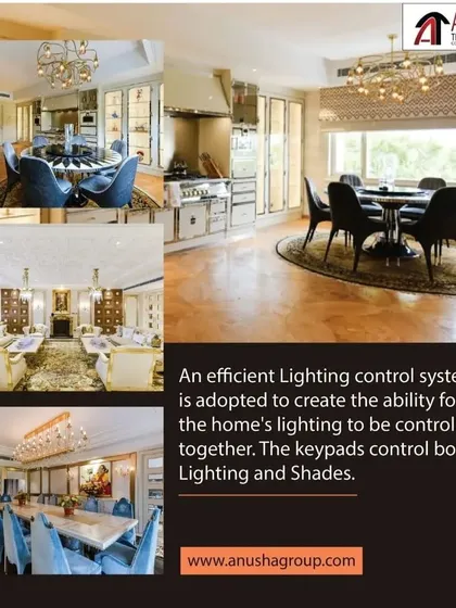 An efficient lighting control system allows a home's lighting and shades to be controlled together. The keypads in these dining and living areas eliminate wall clutter and provide simple, elegant control.