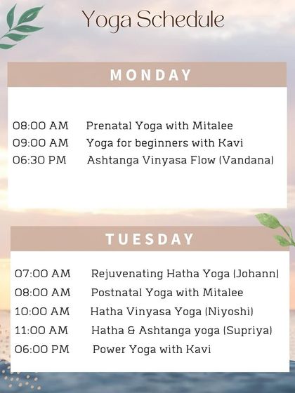 Our yoga schedule for Monday and Tuesday, featuring a range of classes from Prenatal and Beginner's Yoga to Power Yoga and Hatha Vinyasa.
