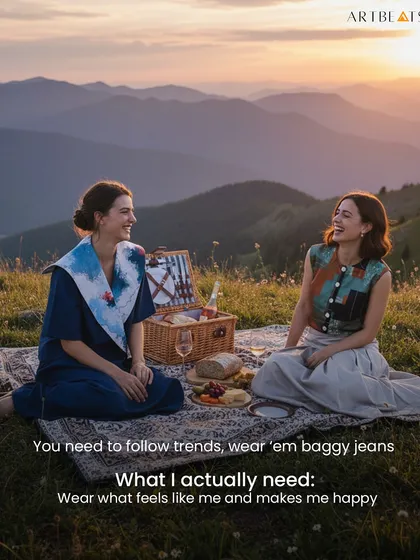 This image captures the spirit of my brand: wear what feels like you. Here, two models enjoy a picnic in the Nebula and Earthlines sets, choosing authentic style over fleeting trends.