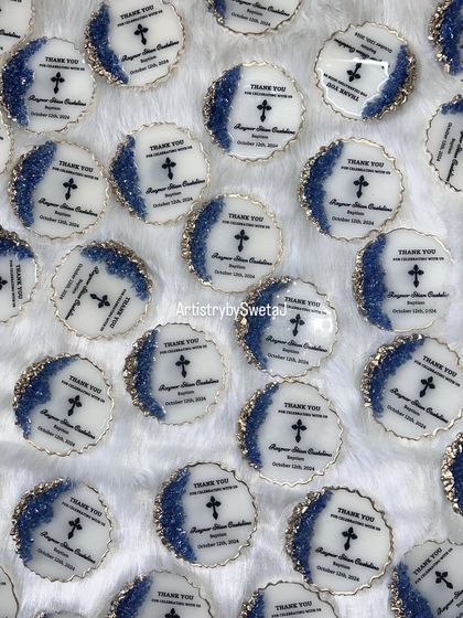 An overhead shot of the baptism favors before packaging, showing the consistency and care put into each piece.