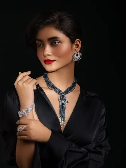 A full look from the diamond jewellery shoot. The styling is sleek and modern, letting the intricate jewellery be the star of the show.
