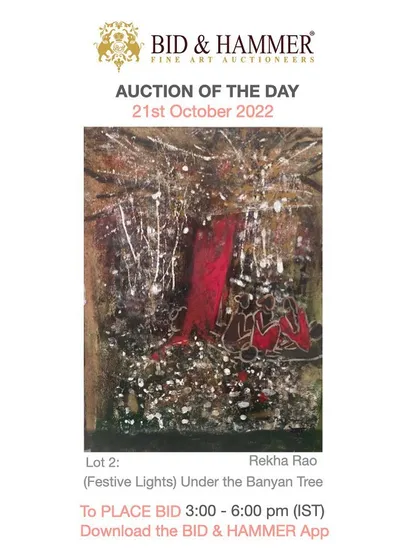 Another promotional image for 'The Diwali Sale', a curated auction of just three lots over three hours. The featured painting is 'Under the Banyan Tree' by Rekha Rao.