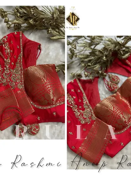 A classic red bridal blouse with gold zardosi work on the neckline and sleeves. The bust area is crafted from brocade fabric, adding a touch of traditional texture to the piece.