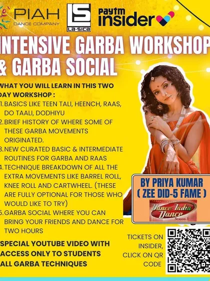 Our Garba workshop poster, highlighting the opportunity to learn from a Zee DID-5 fame artist. We aim to provide high-value learning experiences.
