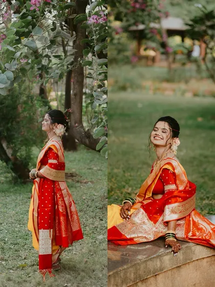 A diptych showing the bride in her vibrant Nauvari saree, capturing both a full-length pose and a joyful seated portrait.