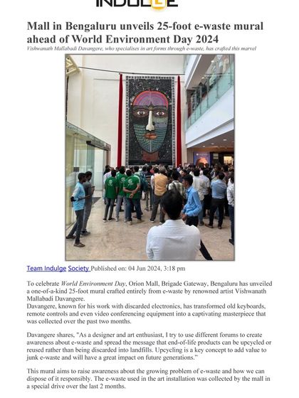 An article from Indulge Society covering the unveiling of the 25-foot mural, quoting me on the importance of upcycling end-of-life products.