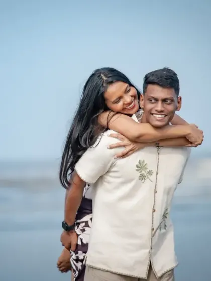 Pure joy during a pre-wedding shoot at the beach. My goal is to capture these unscripted, happy moments. No awkward posing, just real smiles and laughter.