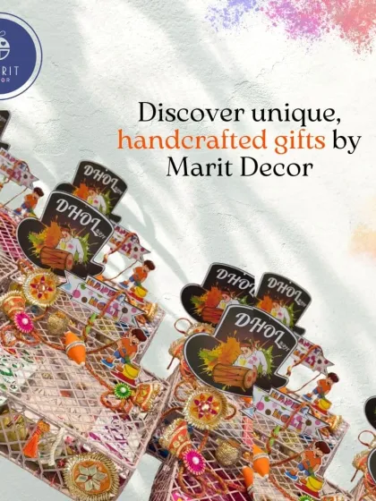 Discover unique, handcrafted gifts for Holi. My personalized hampers, decorated with fun 'Dhol' motifs, are designed to bring a personal touch to your celebrations.