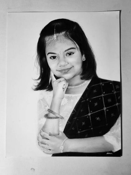 A finished portrait of a young girl in traditional dress, a 15-hour project on A3 Strathmore paper.