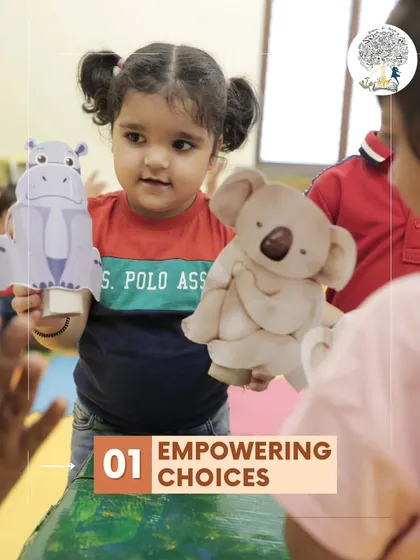 We empower choices by letting children lead the story. Here, a young girl uses puppets to decide what happens next.
