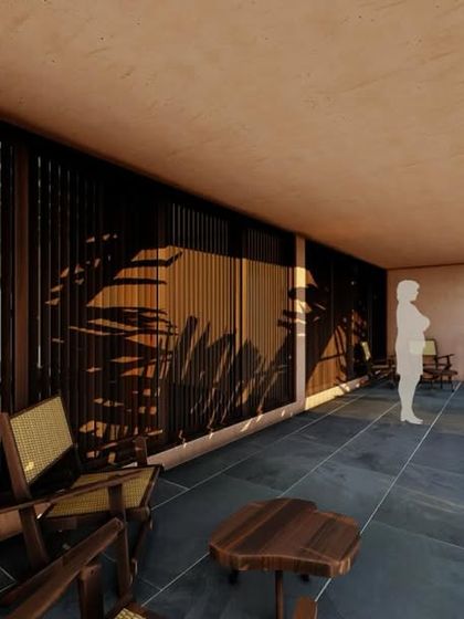 The shaded balcony of the Corgao Villa in Goa, with wooden screens that create a beautiful play of light and shadow while providing privacy and ventilation.