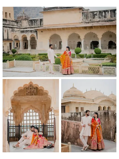 A collage from Ranvijay and Kitti's pre-wedding shoot, capturing moments in the gardens and corridors of Amer Fort.