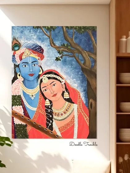 Here, the Radha Krishna canvas is shown in a kitchen or dining nook with open shelving. It illustrates how spiritual art can be beautifully integrated into the everyday spaces of your home.
