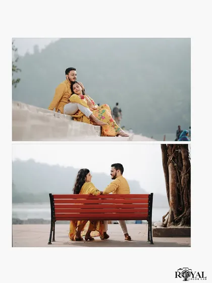 A two-panel collage showing a couple in matching yellow outfits relaxing by the river, on a bench and on the steps.