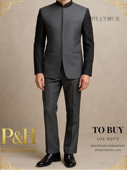 This shot highlights the unique details of the zipper Jodhpuri, including the embroidered collar and contrasting sleeves.