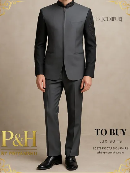 This shot highlights the unique details of the zipper Jodhpuri, including the embroidered collar and contrasting sleeves.
