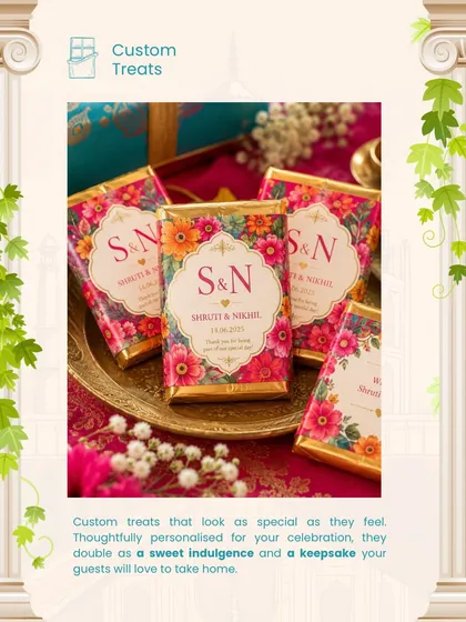 A sweet thank you for your guests. We design custom wrappers for treats like these chocolate bars, ensuring even your wedding favors are perfectly in sync with your theme and color palette.