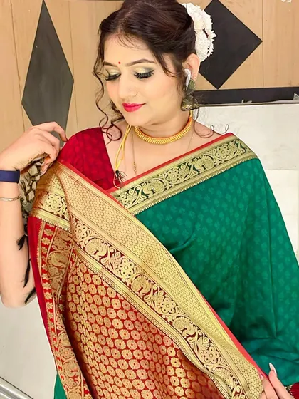 A closer look at the festive makeup I created for this client. The gold-toned shimmer on the eyes and the bright lip color create a celebratory feel, perfect for Diwali.
