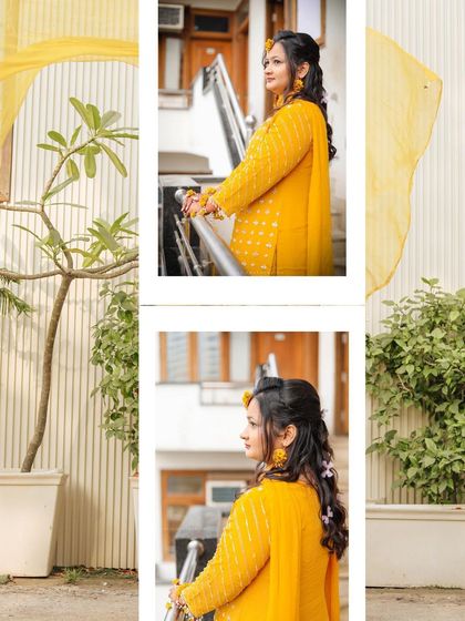 A beautiful solo portrait of the bride during her Haldi ceremony. The composition highlights her traditional yellow outfit and the simple, elegant decor of the location.