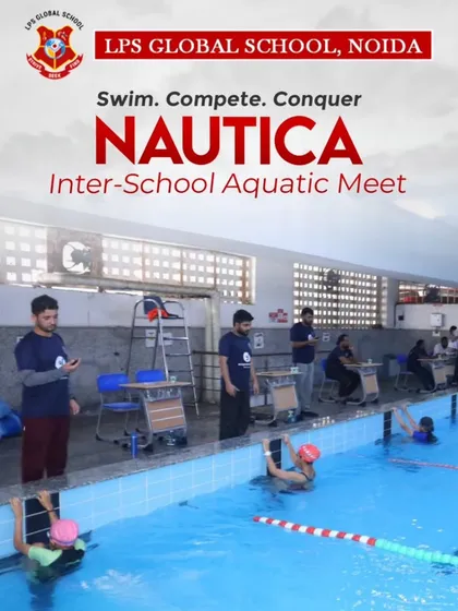 "Swim. Compete. Conquer." This poster for our 'Nautica' Inter-School Aquatic Meet encapsulates the spirit of the event. We host over 30 schools from Delhi and NCR, providing a platform for young swimmers to showcase their talent and determination.