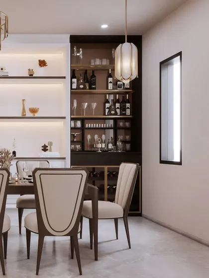 This view reveals a custom bar cabinet integrated into the dining space. The render highlights the organized storage for wine and glassware, adding a layer of functionality.