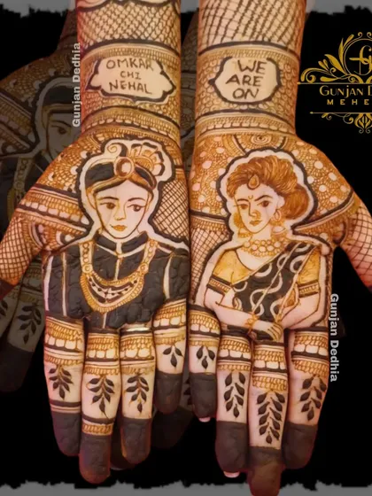 A lovely portrait mehendi for a couple, with their names included in the design. The simple leaf motifs on the fingers keep the focus on the portraits.