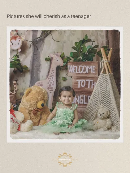 Welcome to the jungle. This collage shows a baby girl enjoying a jungle-themed first birthday shoot, complete with animal props and a leafy backdrop.