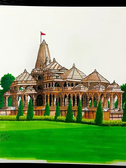 The completed marker drawing of the Ram Mandir. Using alcohol markers, I built up layers of color to create a detailed and vibrant architectural illustration.