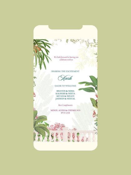 A digital invitation designed for a tropical wedding in Goa. This screen shows the welcome message, set against a backdrop of lush, illustrated greenery and a classic balustrade, creating an elegant island vibe.