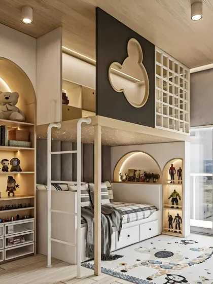 We love bringing imagination to life with themed bedrooms. This space features a custom loft bed with a playful Mickey Mouse motif, integrated shelving with arched nooks, and soft backlighting to create a magical and cozy atmosphere for any child.