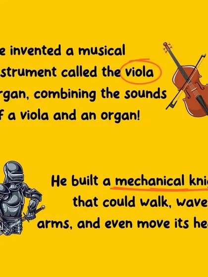 A duplicate image highlighting some of Da Vinci's amazing inventions, like the viola organ and the mechanical knight.