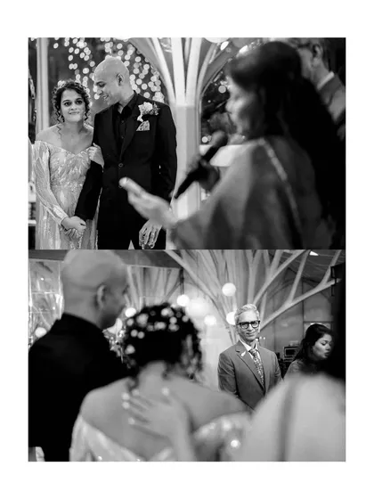A collage of emotional moments from the vow exchange ceremony, capturing the heartfelt speeches and the couple's reactions in black and white.