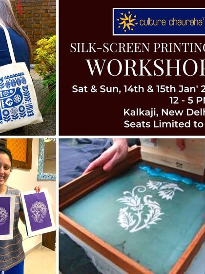 A promotional graphic for our silk-screen printing workshop, showing the hands-on process and the beautiful results.