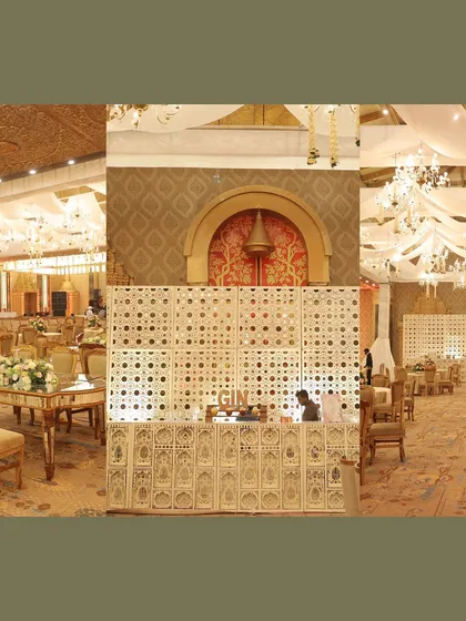 A collage of a grand, golden-themed wedding setup, showcasing intricate jaali work, opulent seating, and magnificent chandeliers.