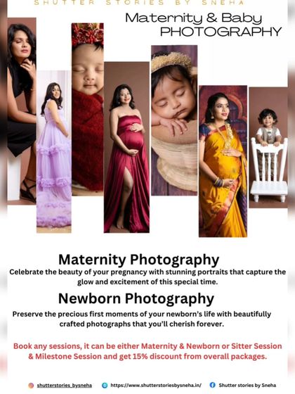 An announcement for my maternity and newborn photography services, with a special discount offer. Keep an eye out for future promotions!