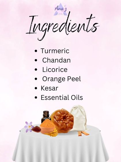 A closer look at the pure, natural ingredients in my Ubtan soap: Turmeric, Chandan, Licorice, Orange Peel, Kesar, and essential oils.