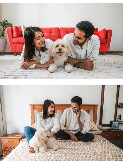 A collage of a cozy at-home session with Dinkan and his parents. These images show the variety of shots we can get in a lifestyle shoot, from playful moments on the floor to relaxed cuddles on the bed.
