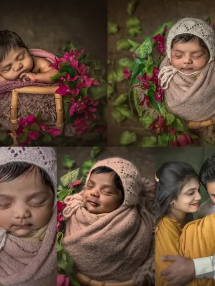 This collage highlights the variety in my newborn sessions, from close-up details and floral props to beautiful moments with parents.