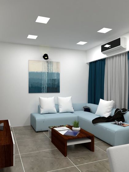 Another view from our 3D design, showing the placement of the TV unit and abstract wall art, creating a balanced and stylish composition.