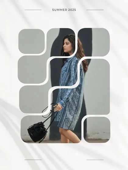 A graphic-style edit for a Sananda magazine summer fashion feature. The creative framing and clean design give this shot of a model in a printed shirt dress a modern, artistic feel.