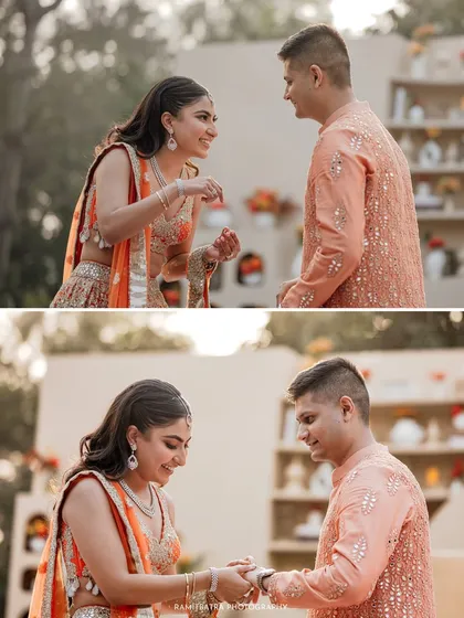 A collage of a sun-drenched farmhouse engagement, showing the couple's playful rituals and interactions.