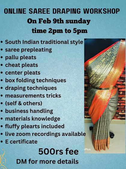 This workshop broke down the pleating process into pallu, cheat, and center pleats for detailed learning.