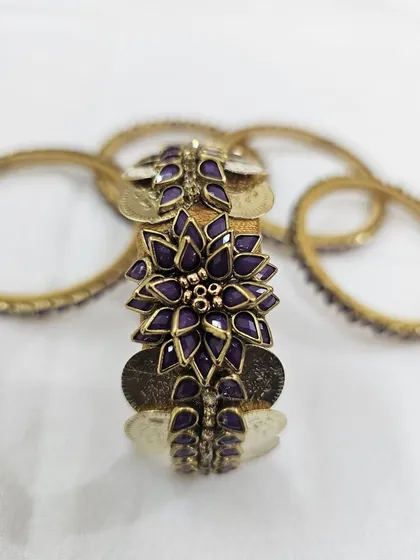 Detailed shots of the purple silk thread bangle set, highlighting the intricate kundan and coin work from every perspective.