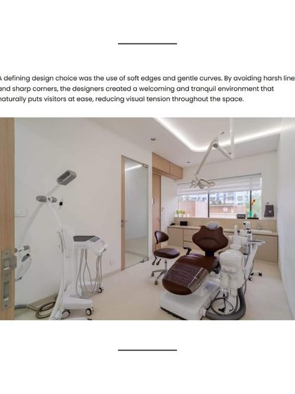 A key design choice was the use of soft edges and gentle curves to create a welcoming environment. This view of the dental treatment room shows how we avoided harsh lines to naturally put visitors at ease.